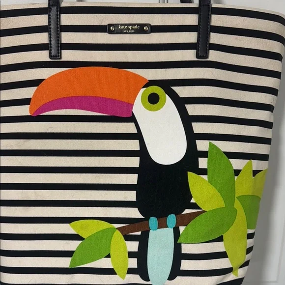 Kate Spade Black and White Striped Tote with Toucan Design - Picture 2 of 9